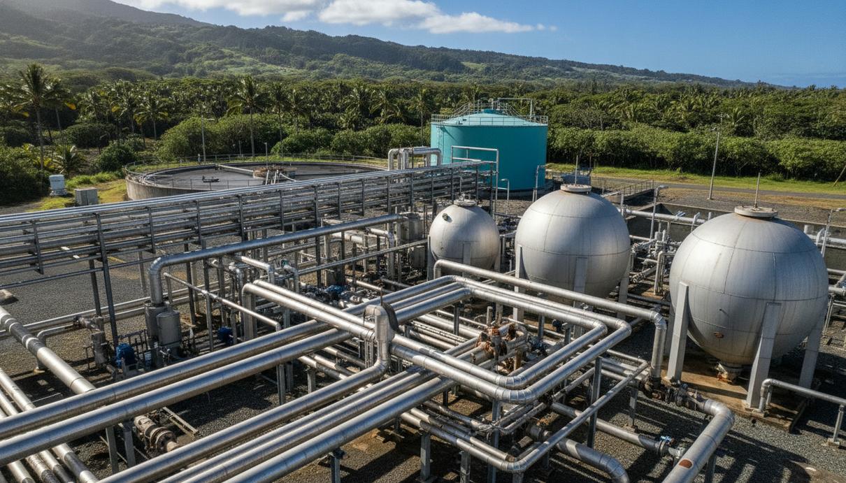 Промышленный объект по производству биогаза: трубы и резервуары на фоне зеленых холмов на Гавайях.