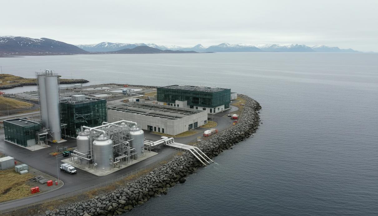 Промышленный комплекс по улавливанию и сжижению CO2 на биогазовой станции на скалистом побережье Норвегии.