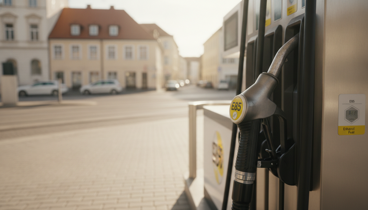 Заправочный пистолет для биоэтанола E85 на европейской АЗС крупным планом. На рукоятке видна синяя маркировка E85.