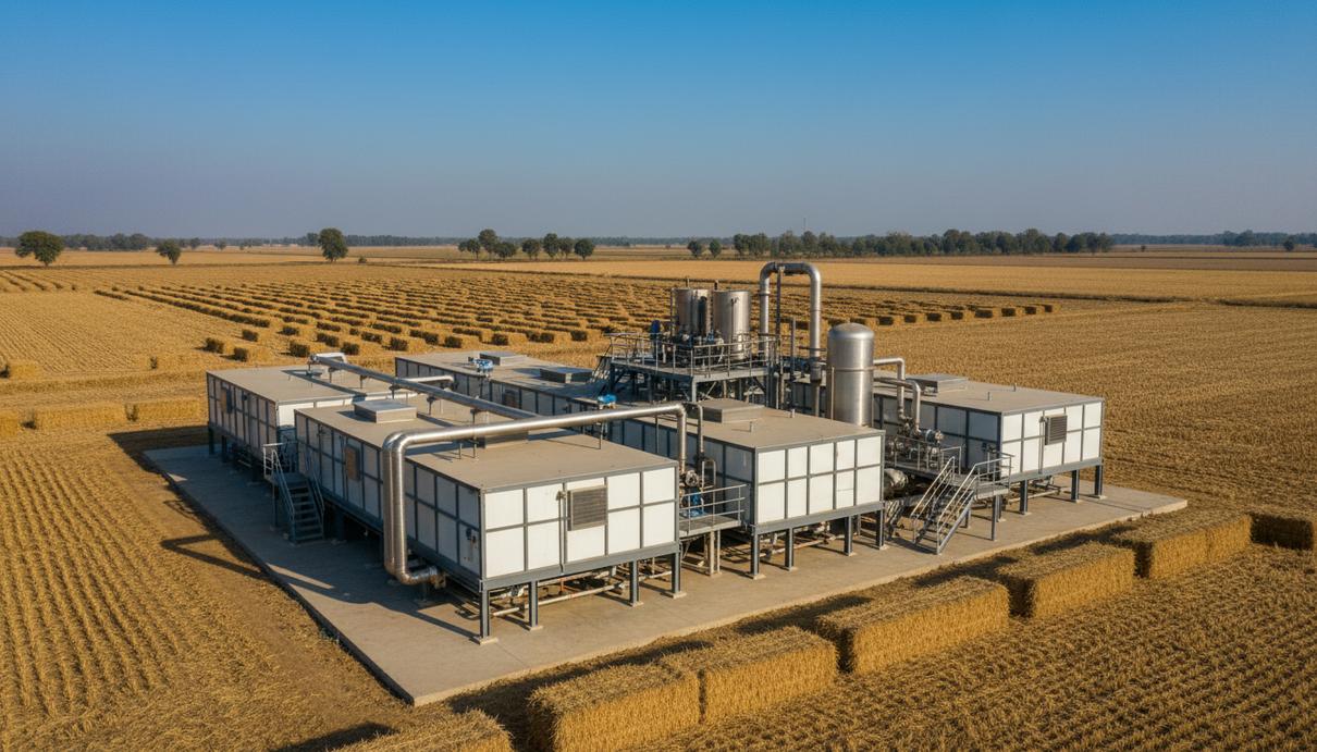 Модульная биогазовая установка с промышленными реакторами на фоне сельскохозяйственных полей и складированной соломы в Индии.