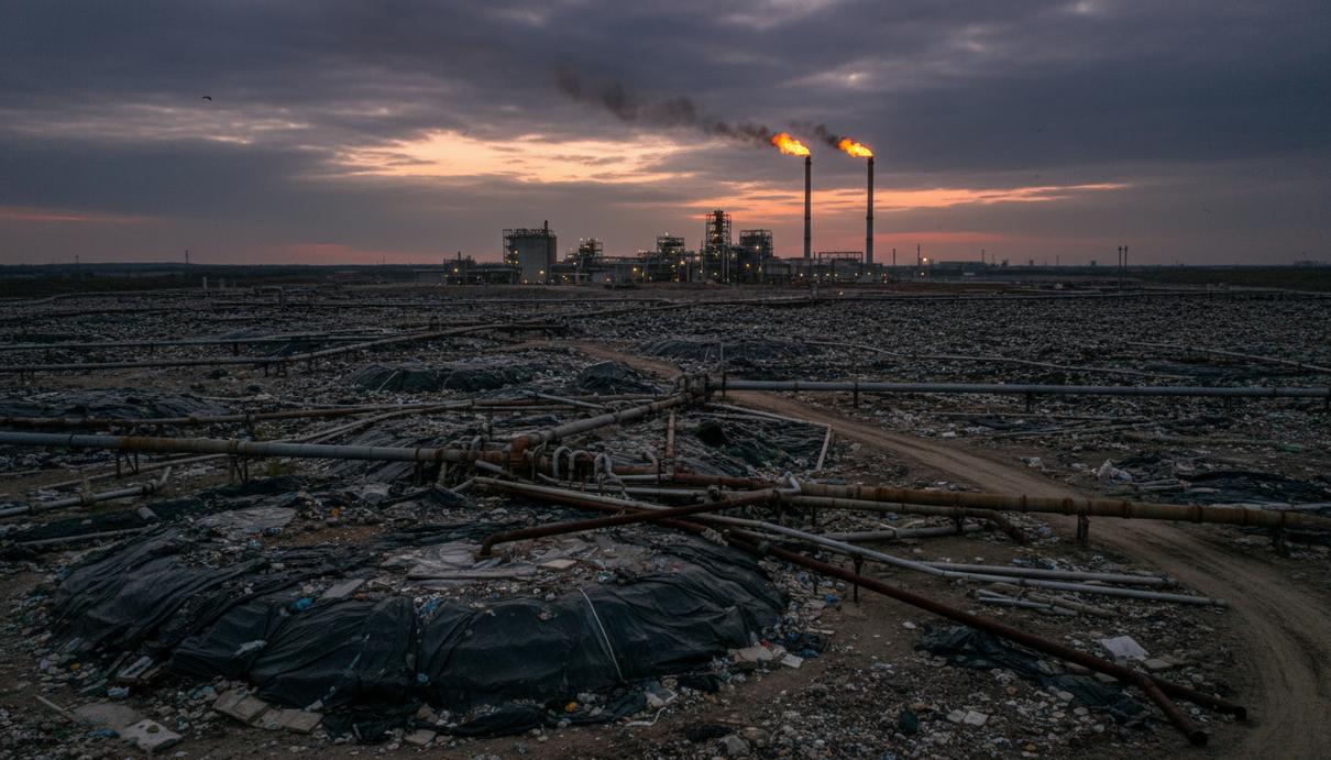 Промышленный полигон твердых отходов с системой сбора свалочного газа: трубы и скважины на фоне установки по переработке биометана.