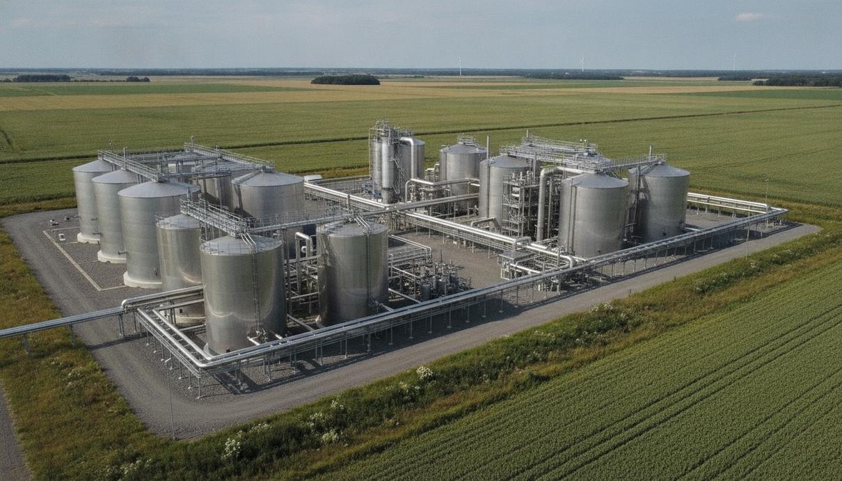 Промышленный комплекс биогазового завода Sindal Biogas в Дании: крупные серебристые резервуары, трубопроводы и установки