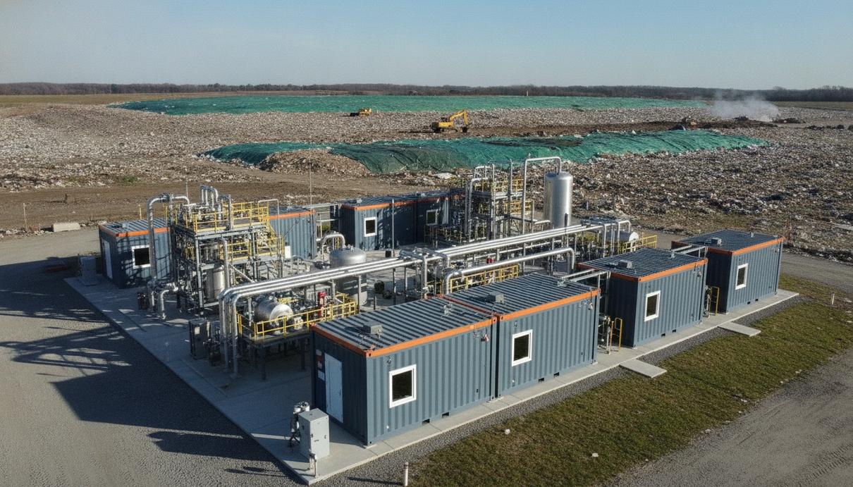 Установка по производству возобновляемого природного газа на полигоне твёрдых бытовых отходов. Промышленные модули, соединённые системой трубопроводов.