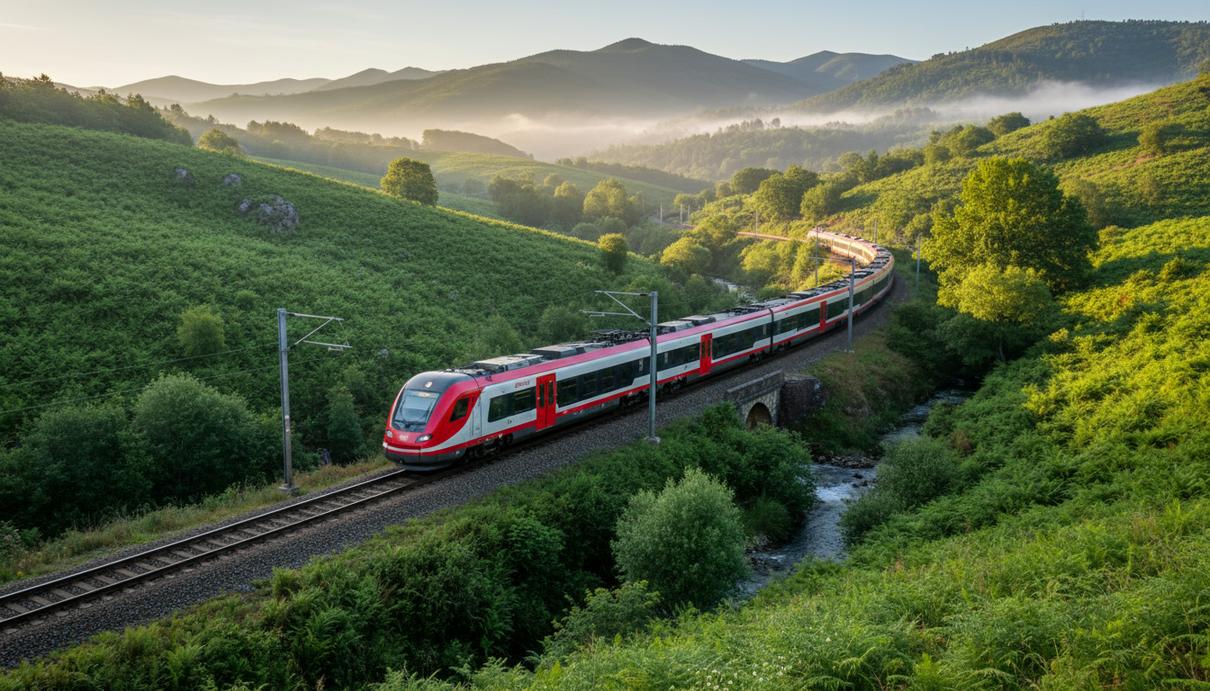 Пассажирский поезд Renfe на однопутной железной дороге среди зелёных холмов на севере Испании.
