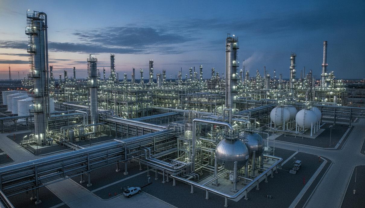 Промышленный пейзаж нефтеперерабатывающего завода Stanlow в сумерках, вид на сеть трубопроводов и ректификационных колонн.