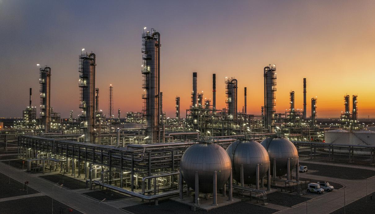 Промышленный комплекс нефтеперерабатывающего завода Stanlow на закате: вид на сеть трубопроводов и перегонные колонны.