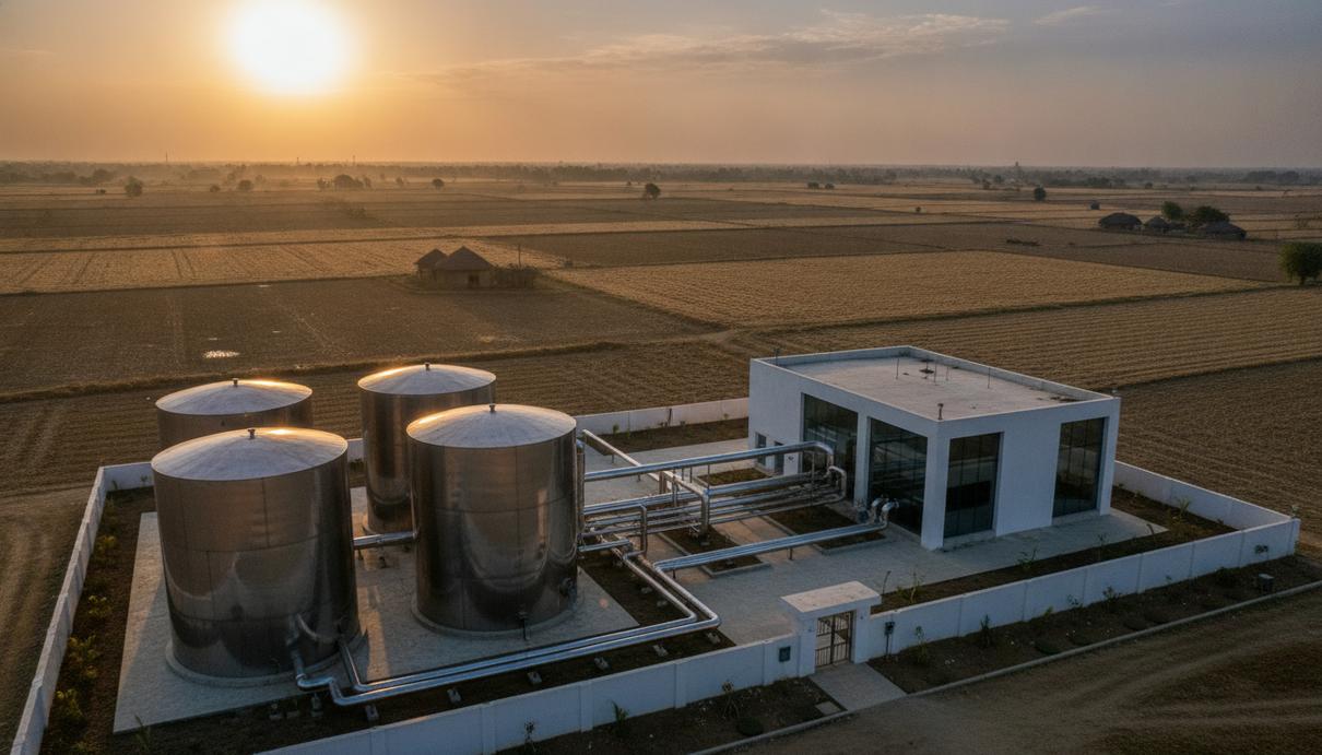 Современный завод по производству биогаза с резервуарами и трубопроводами в сельской местности Индии на фоне полей.