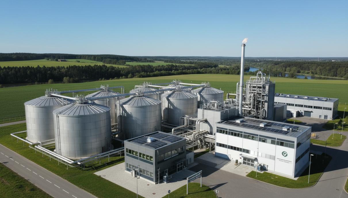 Современный биогазовый завод с большими реакторами-метантенками, трубопроводами и производственными корпусами в сельской местности.