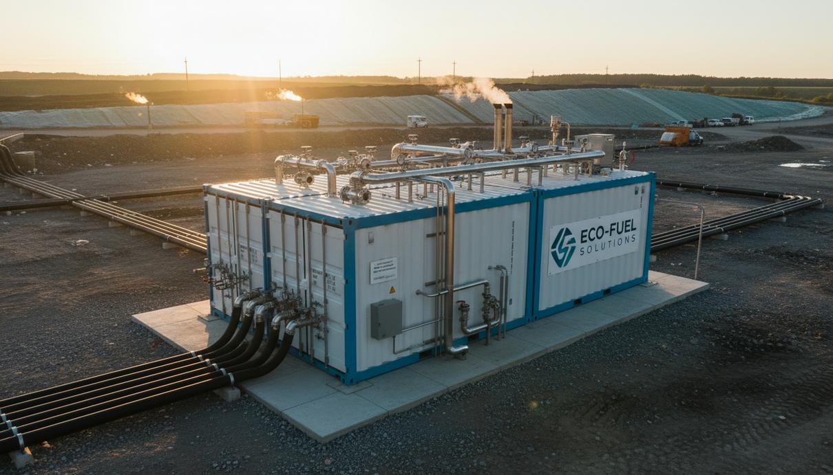 Модульная контейнерная установка для переработки биогаза в метанол на территории мусорного полигона.