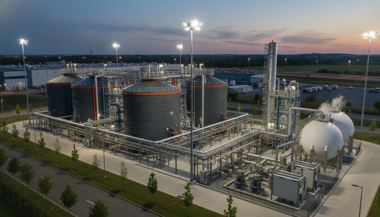 Современный биогазовый завод с большими реакторами-цистернами и установкой для улавливания углекислого газа на территории промышленного парка.