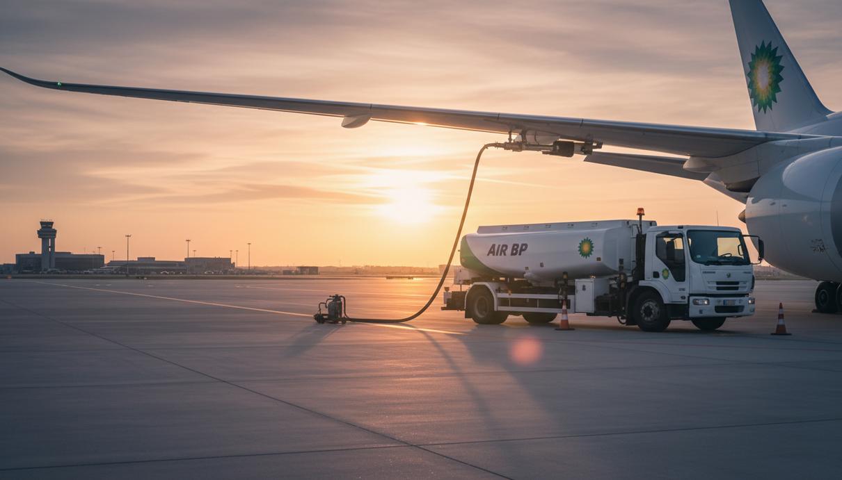 Топливозаправщик Air bp на аэродроме у крыла пассажирского самолета на закате.
