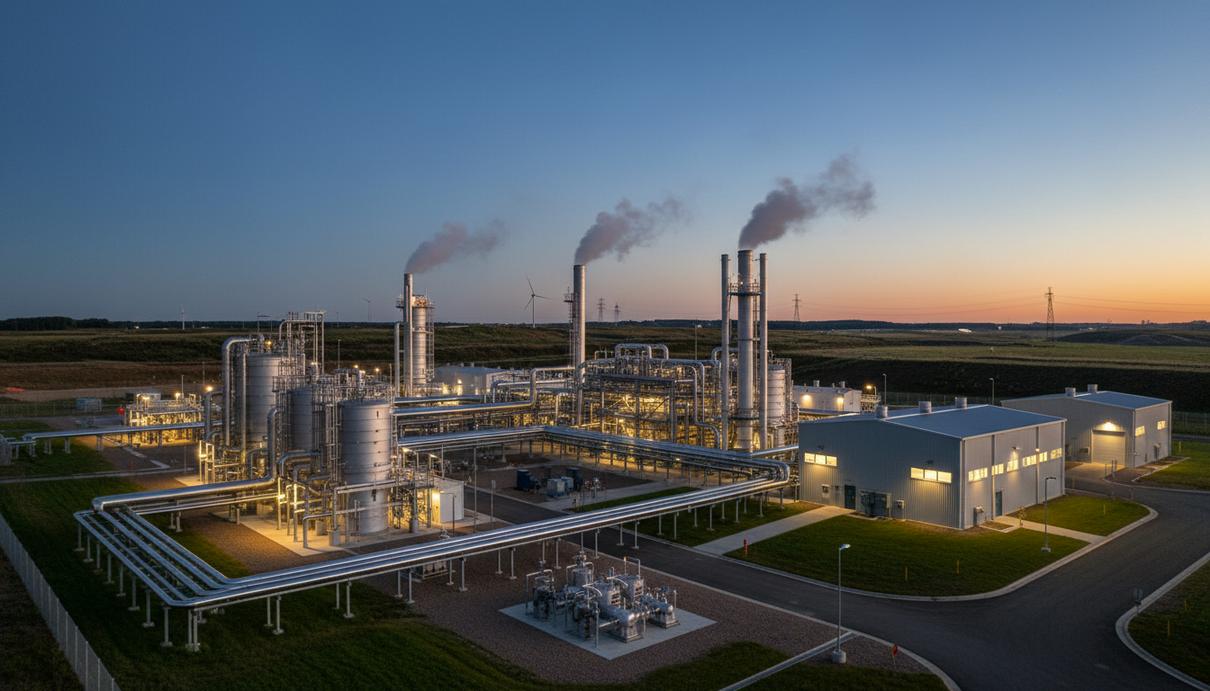 Современный завод по производству возобновляемого природного газа на полигоне ТБО. Трубопроводы и технологическое оборудование на закате.