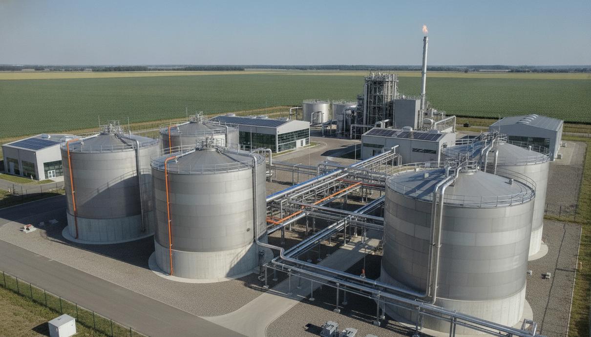 Современная биогазовая станция с большими резервуарами для ферментации и промышленными трубопроводами.