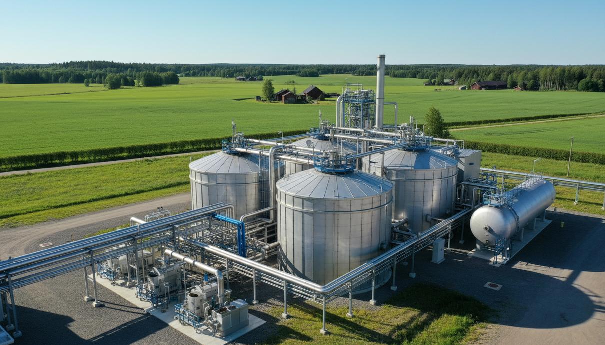 Современный завод по производству сжиженного биогаза с промышленными резервуарами и трубопроводами в сельской местности Финляндии.