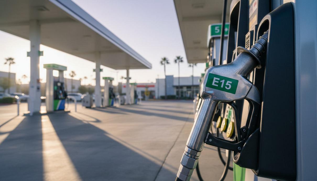 Топливораздаточная колонка с пистолетом для бензина E15 на современной автозаправочной станции в Калифорнии.