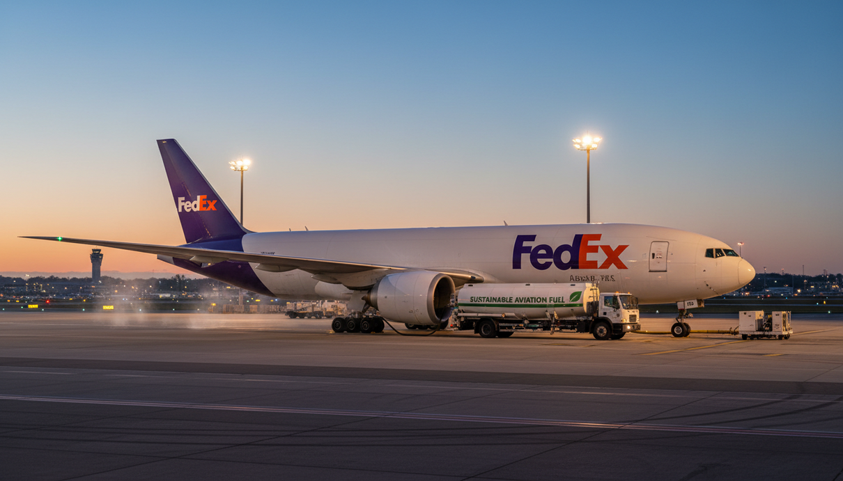Грузовой самолет FedEx на взлетной полосе аэропорта во время заправки из автоцистерны с авиационным биотопливом (SAF).