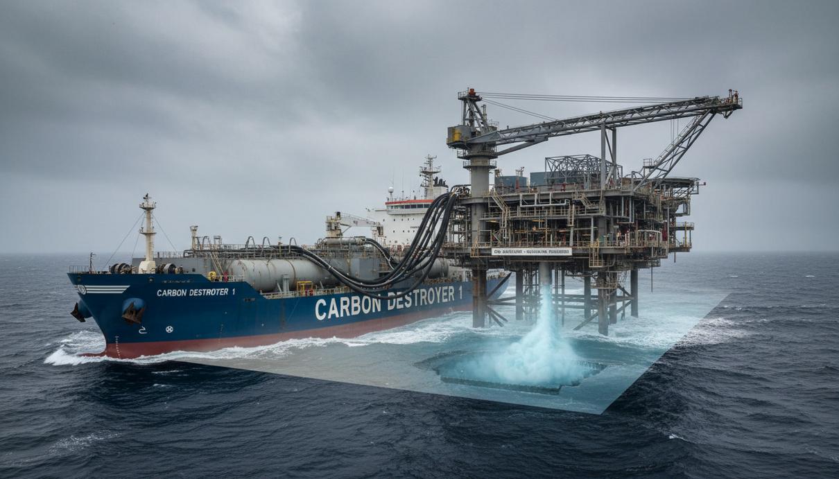 Специализированное судно-газовоз для перевозки CO₂ у морской платформы в Северном море. Промышленный морской пейзаж.