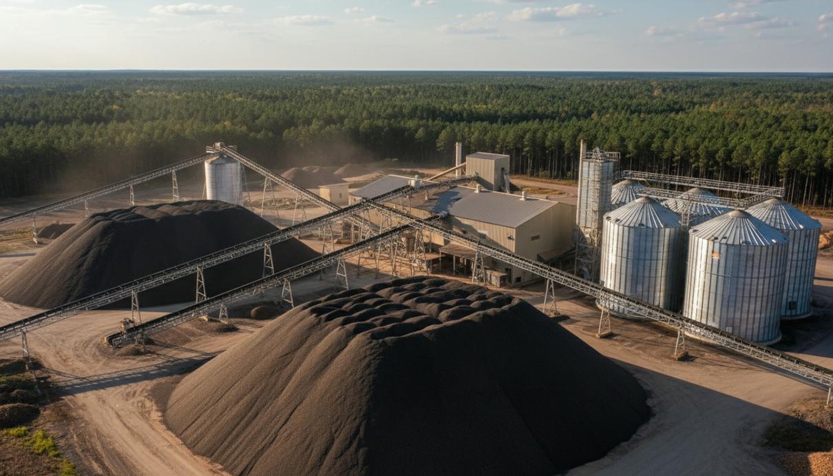 Крупный завод по производству древесных пеллет. Огромные горы топливных гранул и промышленные силосы для хранения на фоне леса.