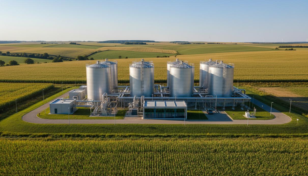 Современная биогазовая установка с резервуарами-метантенками и трубопроводами посреди сельскохозяйственного поля.