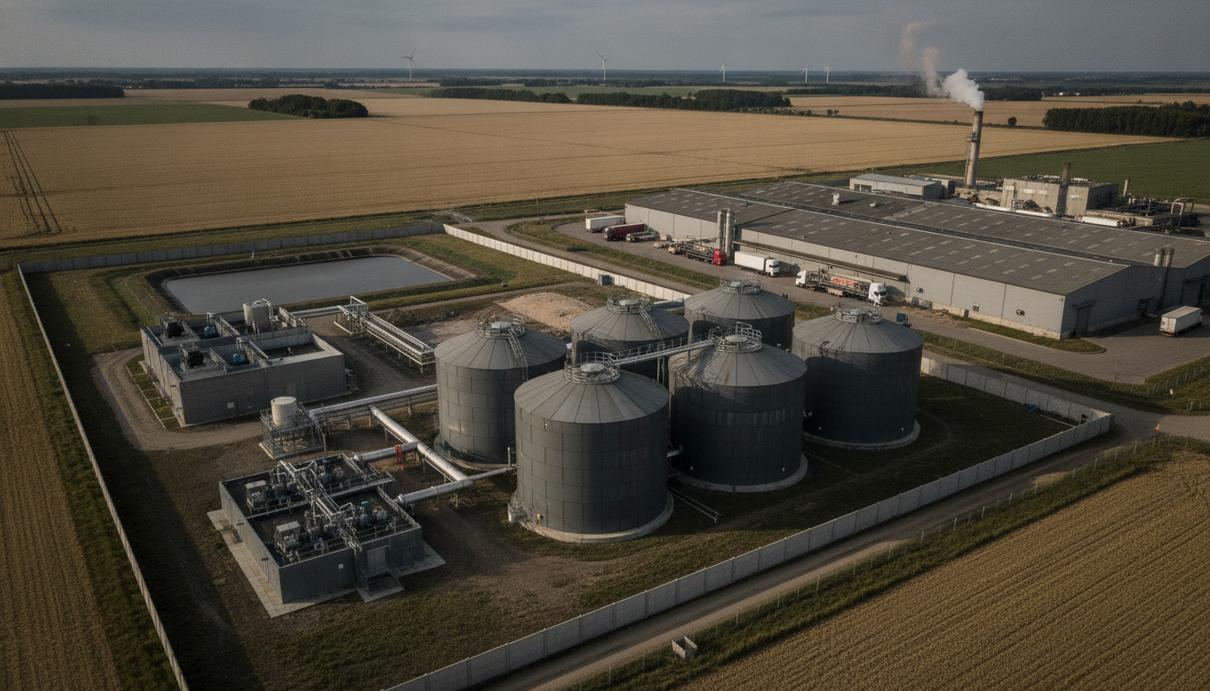 Крупные цилиндрические резервуары биогазовой станции на фоне сельского пейзажа в Линкольншире, Великобритания.