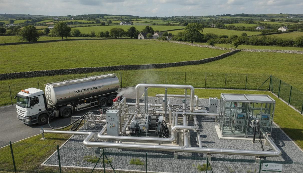 Станция для закачки биометана в газопровод: комплекс стальных труб, компрессоров и технологических модулей на фоне зеленых холмов.