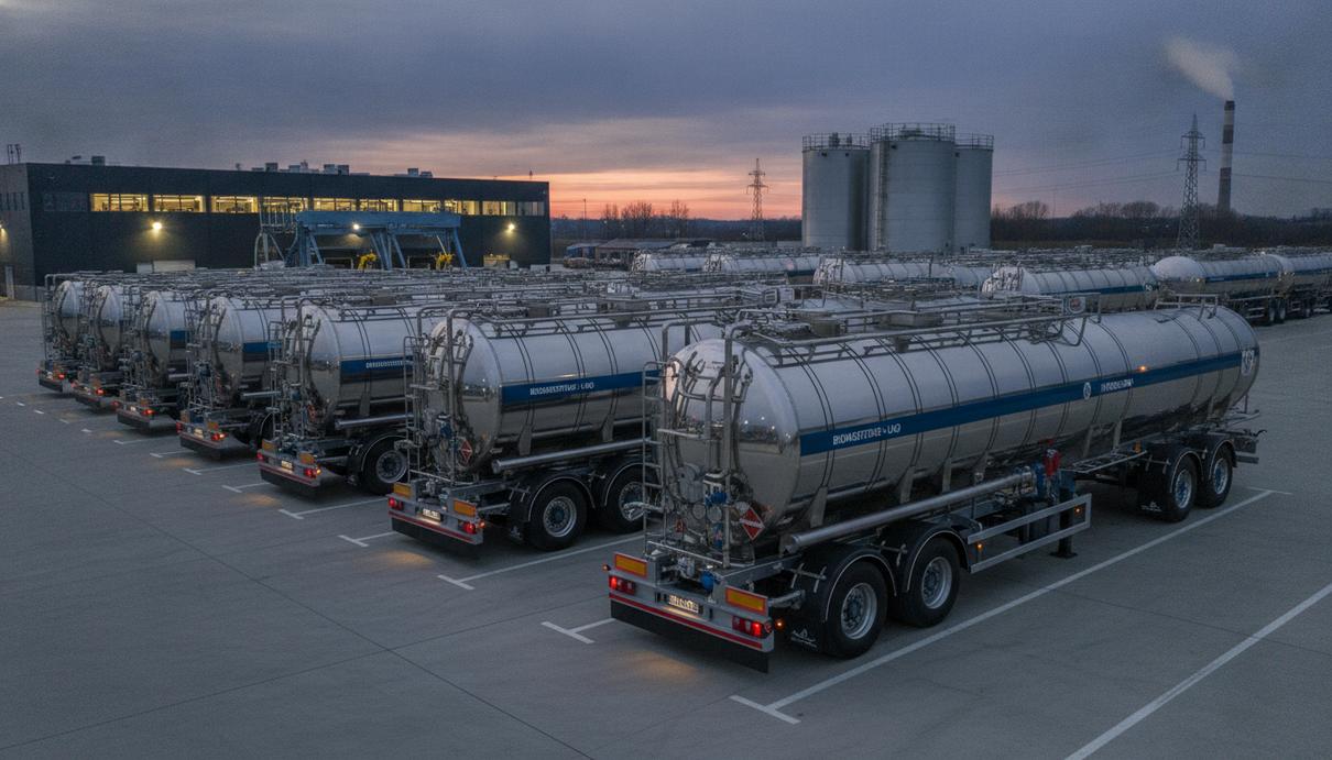 Ряд цистерн-полуприцепов для перевозки сжиженного и сжатого газа на стоянке современного логистического терминала.